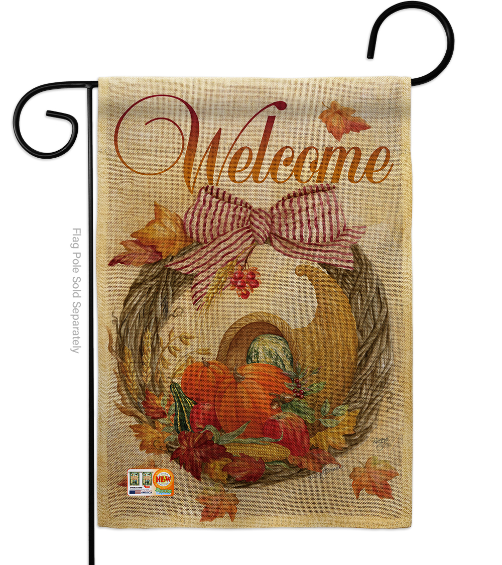 BD-HA-G-113044-IP-DB-D-US12-AM 13 x 18.5 in. Cornucopia Wreath Burlap Fall Harvest & Autumn Impressions Decorative Vertical Double Sided Garden Flag