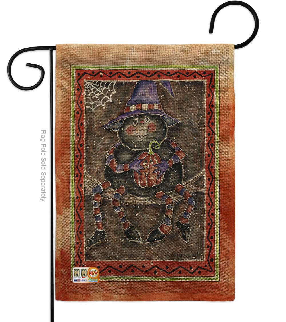 BD-HO-G-112066-IP-DB-D-US16-AL 13 x 18.5 in. Spider Holding Pumpkin Burlap Fall Halloween Impressions Decorative Vertical Double Sided Garden Flag