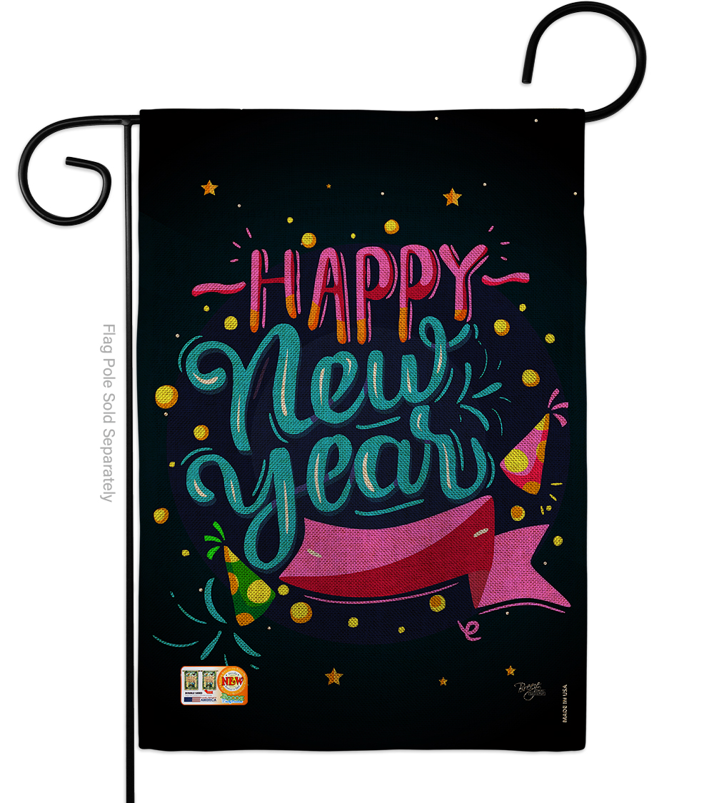 BD-NE-G-116010-IP-DB-D-US17-BD 13 x 18.5 in. Popping Happy New Year Burlap Winter Impressions Decorative Vertical Double Sided Garden Flag
