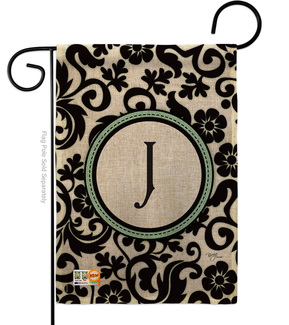BD-SB-G-130062-IP-DB-D-US09-BD 13 x 18.5 in. Damask J Initial Burlap Interests Simply Beauty Impressions Decorative Vertical Double Sided Garden Flag