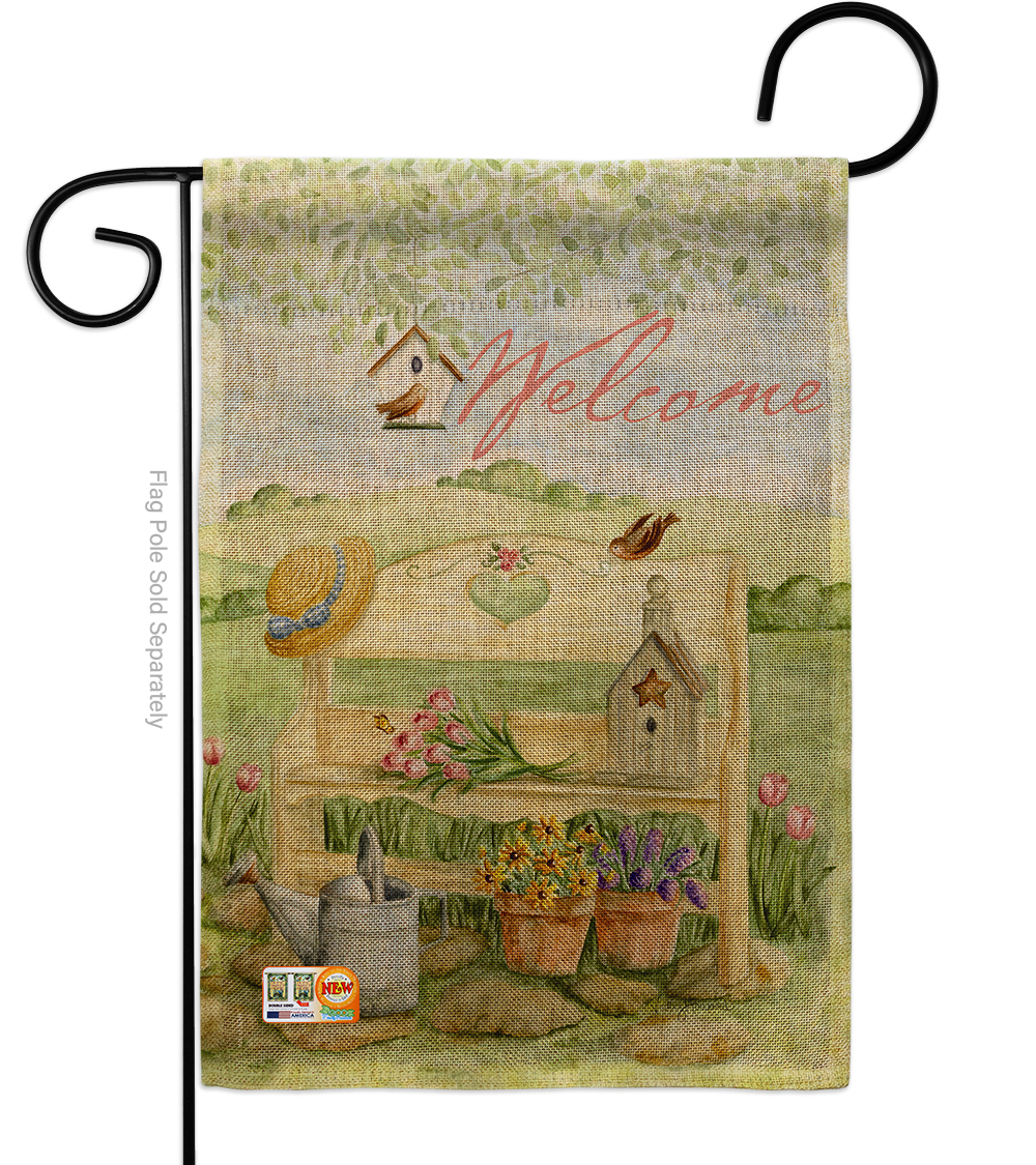 BD-SH-G-100050-IP-DB-D-US12-AM 13 x 18.5 in. Welcome Garden Bench Burlap Inspirational Sweet Home Impressions Decorative Vertical Double Sided Flag