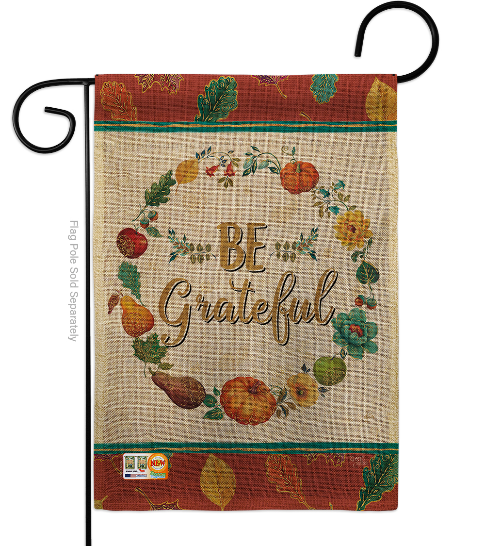 Breeze Decor BD-TG-G-113071-IP-DB-D-US18-WA 13 x 18.5 in. Be Grateful Burlap Fall Thanksgiving Impressions Decorative Vertical Double Sided Garden Flag