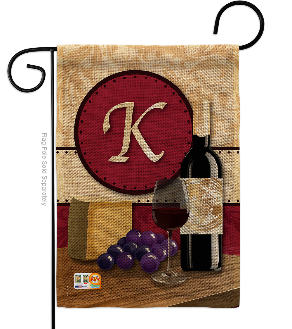 BD-WI-G-130219-IP-DB-D-US14-BD 13 x 18.5 in. Wine K Initial Burlap Happy Hour & Drinks Impressions Decorative Vertical Double Sided Garden Flag