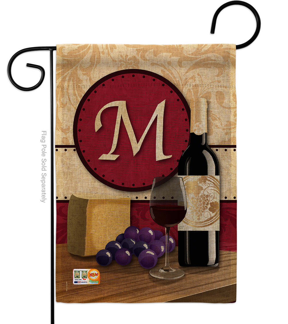 BD-WI-G-130221-IP-DB-D-US14-BD 13 x 18.5 in. Wine M Initial Burlap Happy Hour & Drinks Impressions Decorative Vertical Double Sided Garden Flag