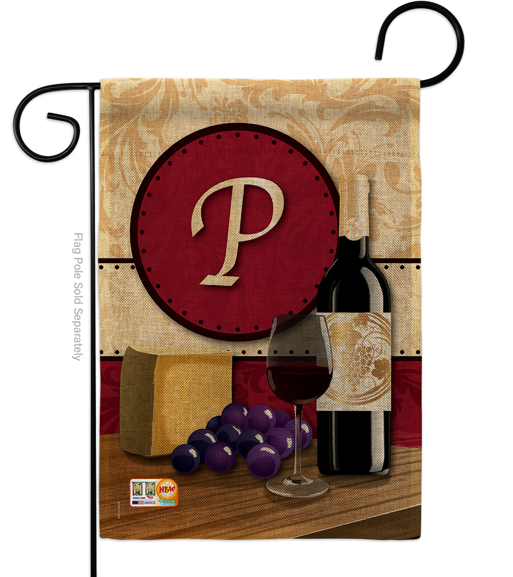 BD-WI-G-130224-IP-DB-D-US14-BD 13 x 18.5 in. Wine P Initial Burlap Happy Hour & Drinks Impressions Decorative Vertical Double Sided Garden Flag