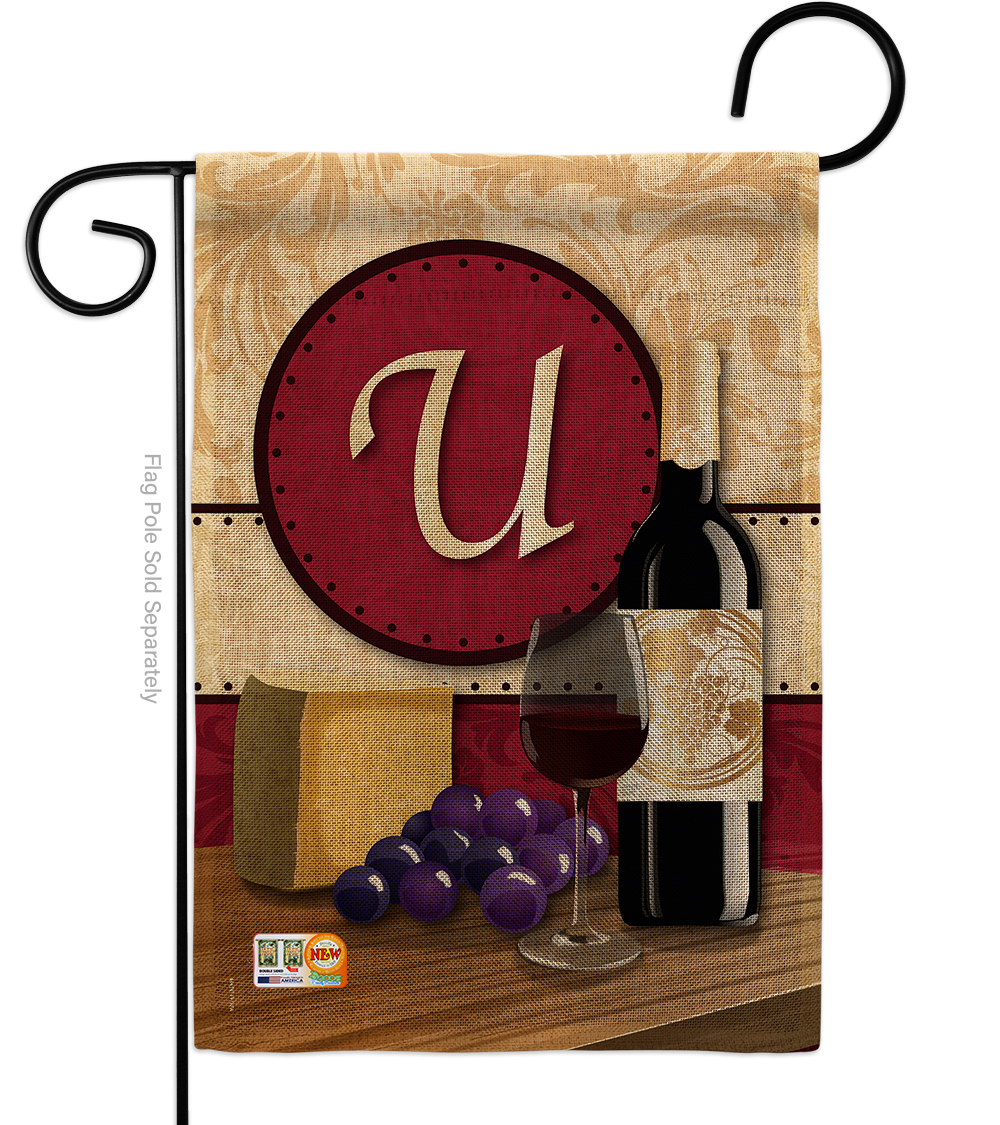 BD-WI-G-130229-IP-DB-D-US14-BD 13 x 18.5 in. Wine U Initial Burlap Happy Hour & Drinks Impressions Decorative Vertical Double Sided Garden Flag