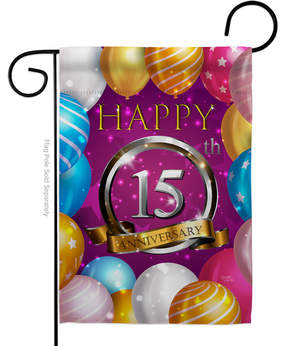 G165186-BO 13 x 18.5 in. Happy 15th Anniversary Garden Flag with Celebration Double-Sided Decorative Vertical House Decoration Banner Yard Gift