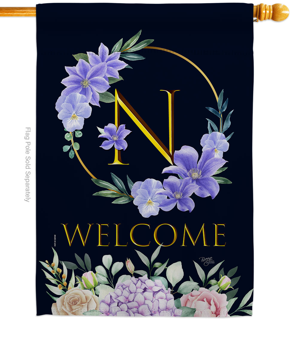 H130248-BO 28 x 40 in. Welcome N Initial House Flag with Spring Floral Double-Sided Decorative Vertical Flags Decoration Banner Garden Yard Gift