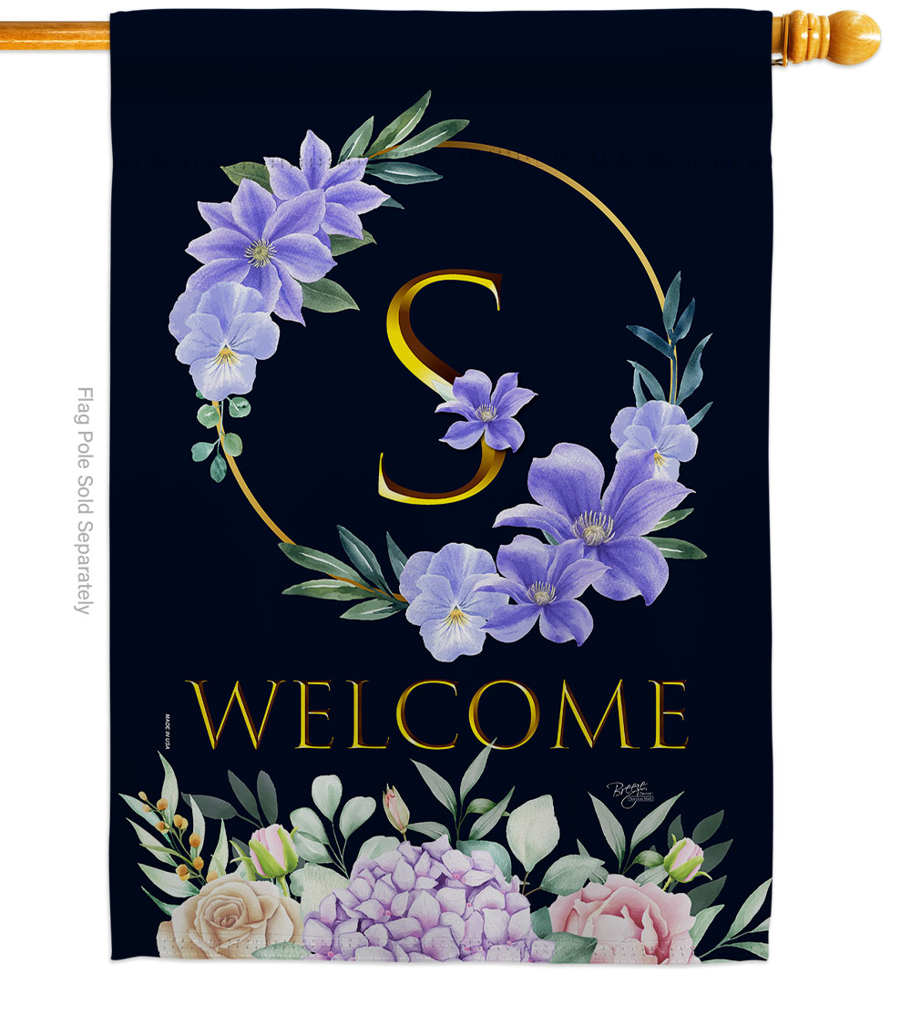 H130253-BO 28 x 40 in. Welcome S Initial House Flag with Spring Floral Double-Sided Decorative Vertical Flags Decoration Banner Garden Yard Gift