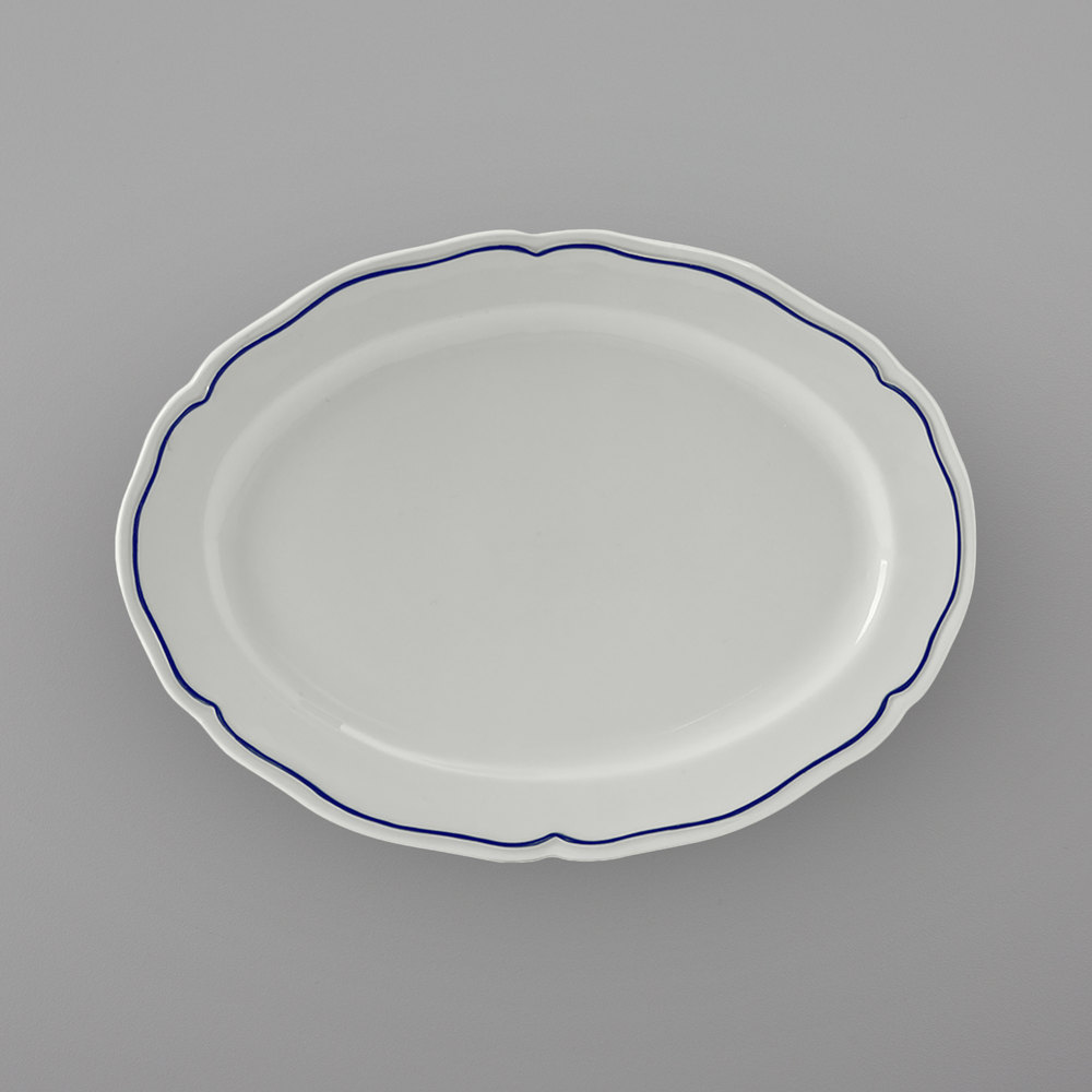 Picture of Tuxton SBH-104 10.5 in. Porcelain White Scalloped Blue Band Oval Platter