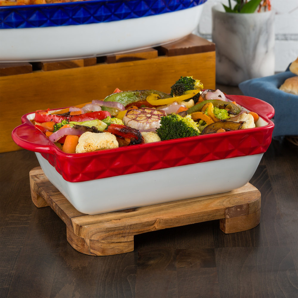 Picture of Tuxton EAQ-202 1 qt. Porcelain Embossed Rectangular Casserole - Cayenne Band&#44; White & Red