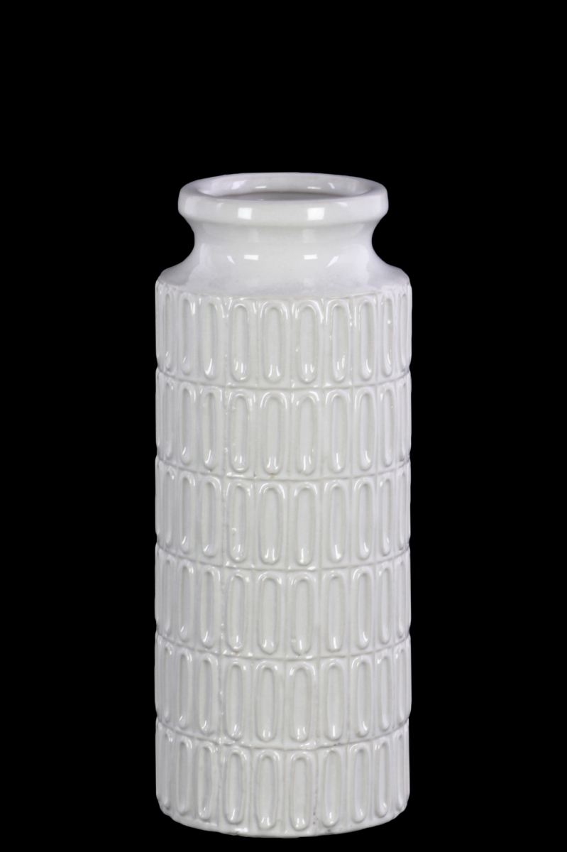 Picture of Urban Trends Collection 46315 Ceramic Cylindrical Vase with Wide Mouth&#44; Short Neck & Embossed Oval Design Body Gloss Finish - White