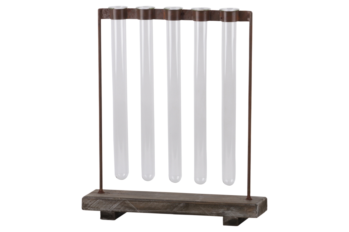 Picture of Urban Trends Collection 55107 Metal Clustered Hanging Bud Vase Holder with 5 Glass Tube Vases on Rectangular Wood Base on Stand Tarnished Finish - Brown