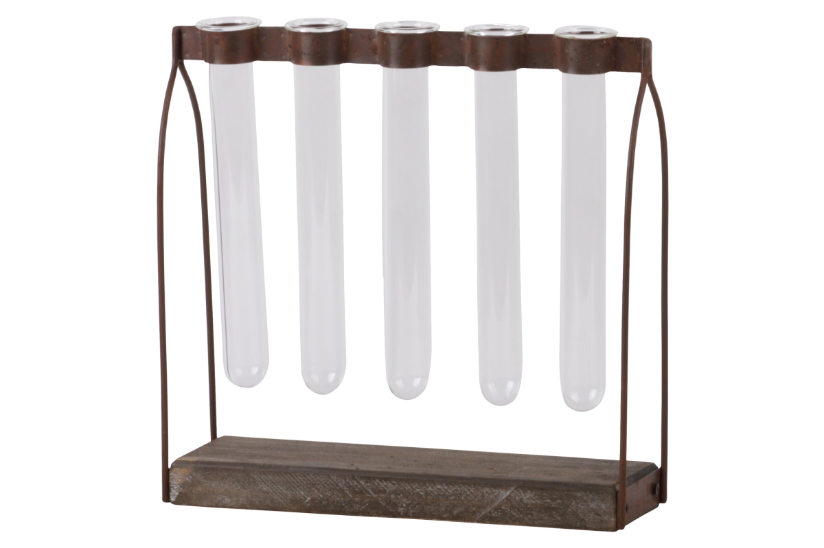 Picture of Urban Trends Collection 55108 Metal Clustered Hanging Bud Vase Holder with 5 Glass Tube Vases on Rectangular Wood Base Tarnished Finish - Brown