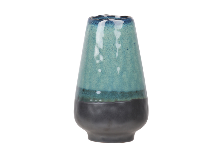 Picture of Urban Trends Collection 11455 Ceramic Round Bellied Vase with Irregular Mouth Faded Blue Rim Top & Black Banded Bottom Base&#44; Gloss Aquamarine - Large