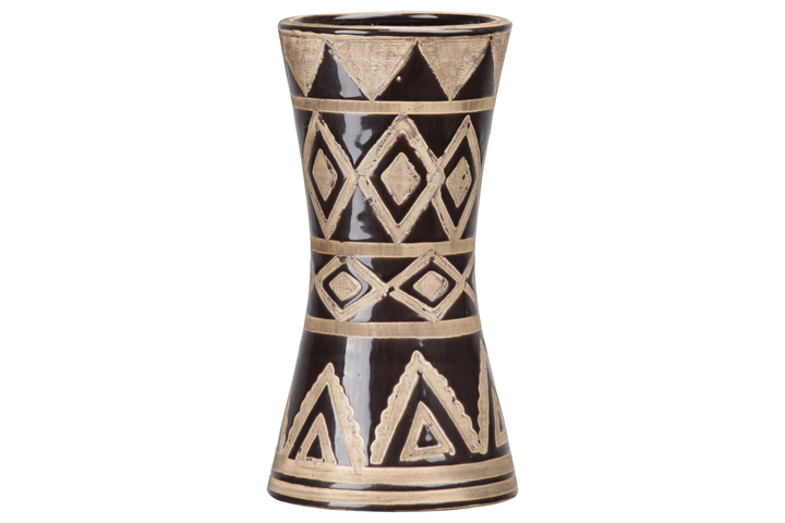 Picture of Urban Trends Collection 41503 Ceramic Round Vase with Trumpet Mouth Rough Tribal Shape Pattern Design Body & Flaired Bottom&#44; Brown Gloss Dark