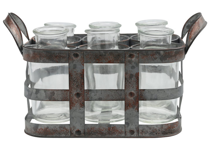 Picture of Urban Trends Collection 51312 Metal Bud Vase Holder with Side Handles & 6 Clear Round Bottles&#44; Tarnished Gray