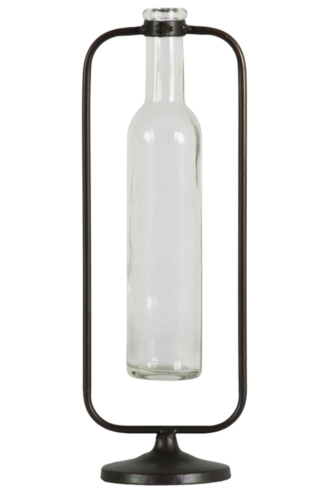 Picture of Urban Trends Collection 59229 Metal Hanging Bud Vase with Tall Glass Bottle Vase on Round Base, Metallic Gunmetal Gray