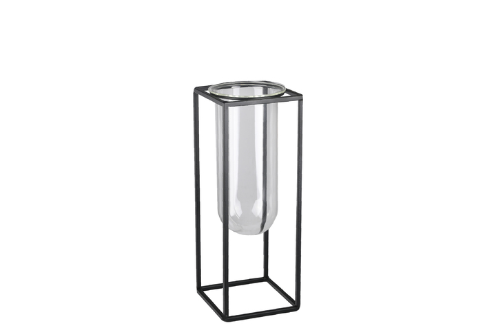 Picture of Urban Trends Collection 59314 Metal Square Vase with Hanging Clear Tube Glass, Coated Black - Small