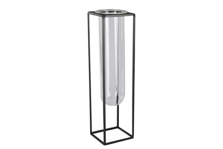 Picture of Urban Trends Collection 59315 Metal Square Vase with Hanging Clear Tube Glass, Coated Black - Large