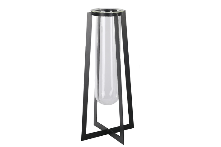 Picture of Urban Trends Collection 59317 Metal Square Vase with Hanging Clear Tube Glass & Flaired Bottom&#44; Coated Black - Large