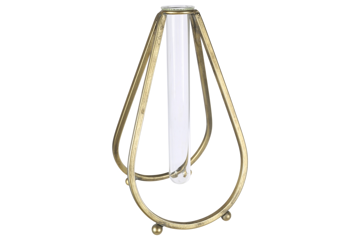 Urban Trends Collection 94265 Metal Bud Vase Holder in Bellied Design Stand with Hanging Tube Glass Vase Coated, Gold