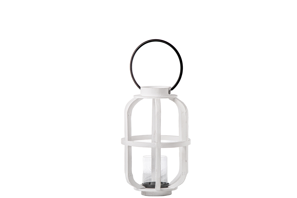 12109 Wood Round Lantern with Metal Top Ring Handle Candle Glass Holder & Window Pane, White -  Urban Trends Collection