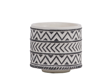 Small Stoneware Cylindrical Pot with Painted Black Embossed Lattice Chevron Design Body & Tapered Bottom, Washed Finish - White -  H2H, H22500802
