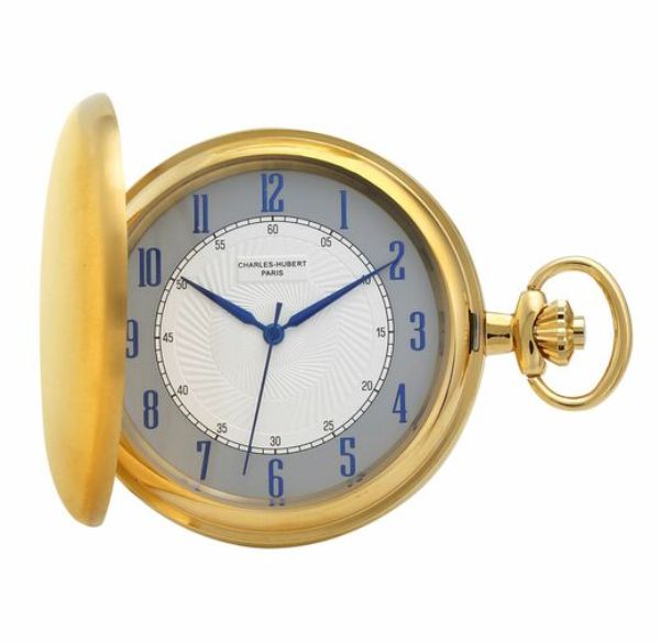 DWA050 50 mm Gold-Plated Stainless Steel Hunter Case Quartz Pocket Watch with White & Grey Dial