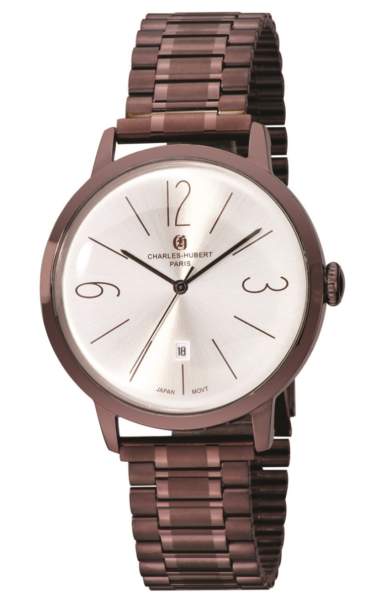 3984-N Mens Stainless Steel Brown IP-Plated Quartz Dial Watch, Silver