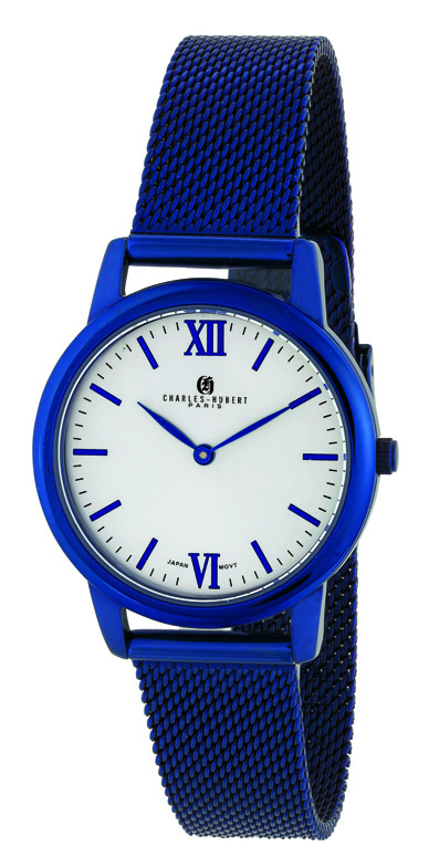 6998-E Womens Blue IP-Plated Stainless Mesh Dial Watch, Off-White