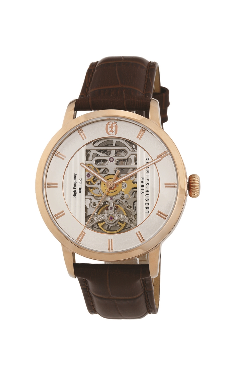 Picture of Charles-Hubert Paris 4013-W Mens Rose IP-Plated Skeleton Automatic Dial Watch, White