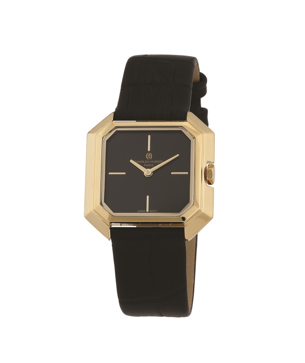 Womens IP-Plated Stainless Leather Band Watch, Black