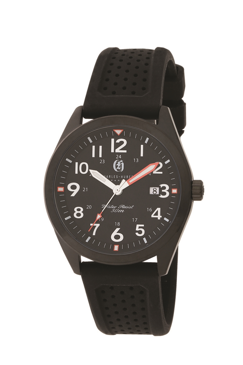 42 mm Stainless Steel Quartz Watch with Silicone Band, Black