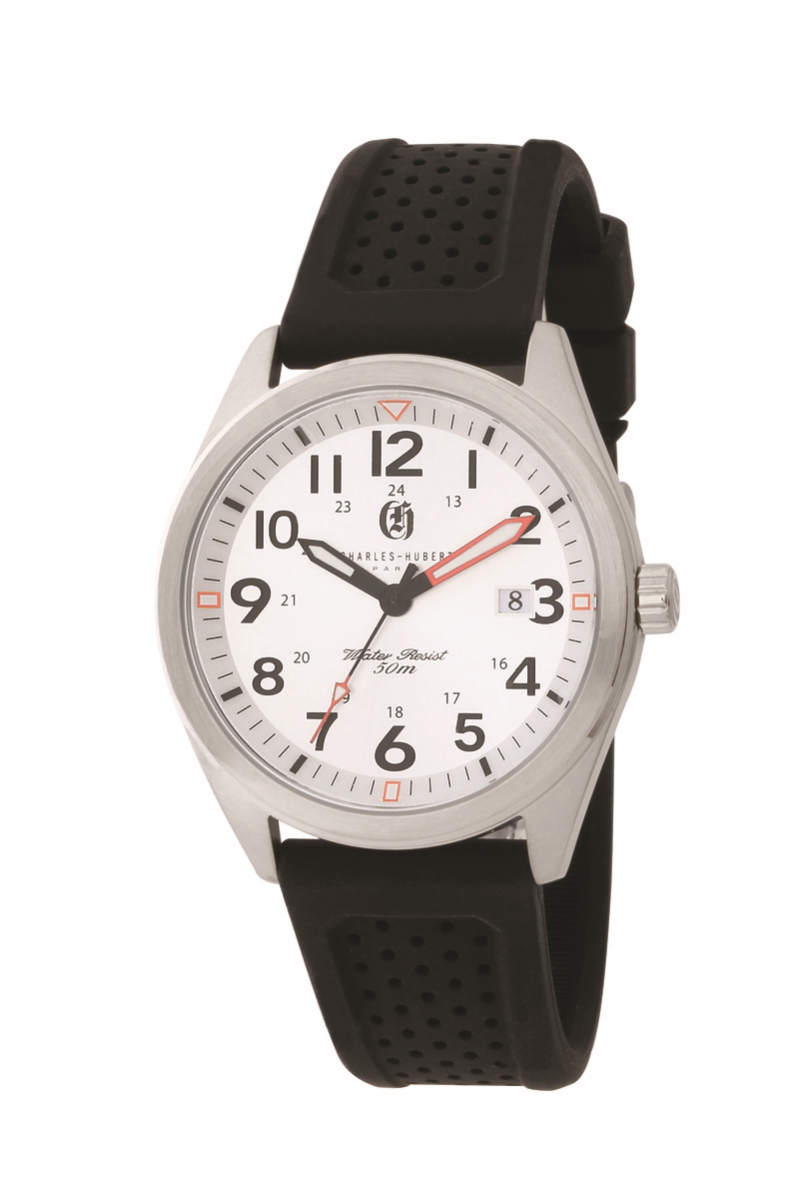42 mm Stainless Steel Quartz Watch with Silicone Band, White