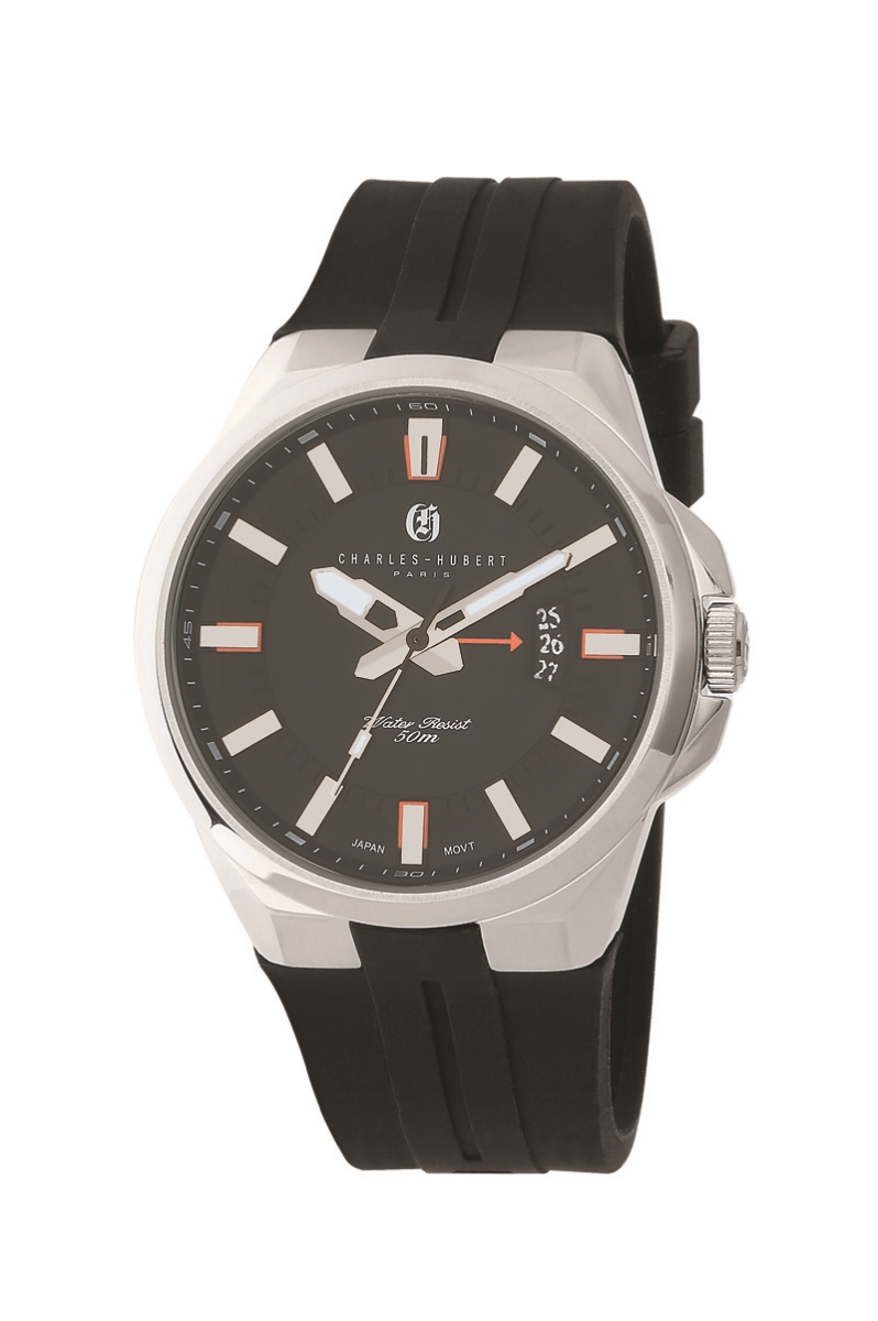 44 mm Stainless Steel Quartz Movement Watch with Silicone Band, Black