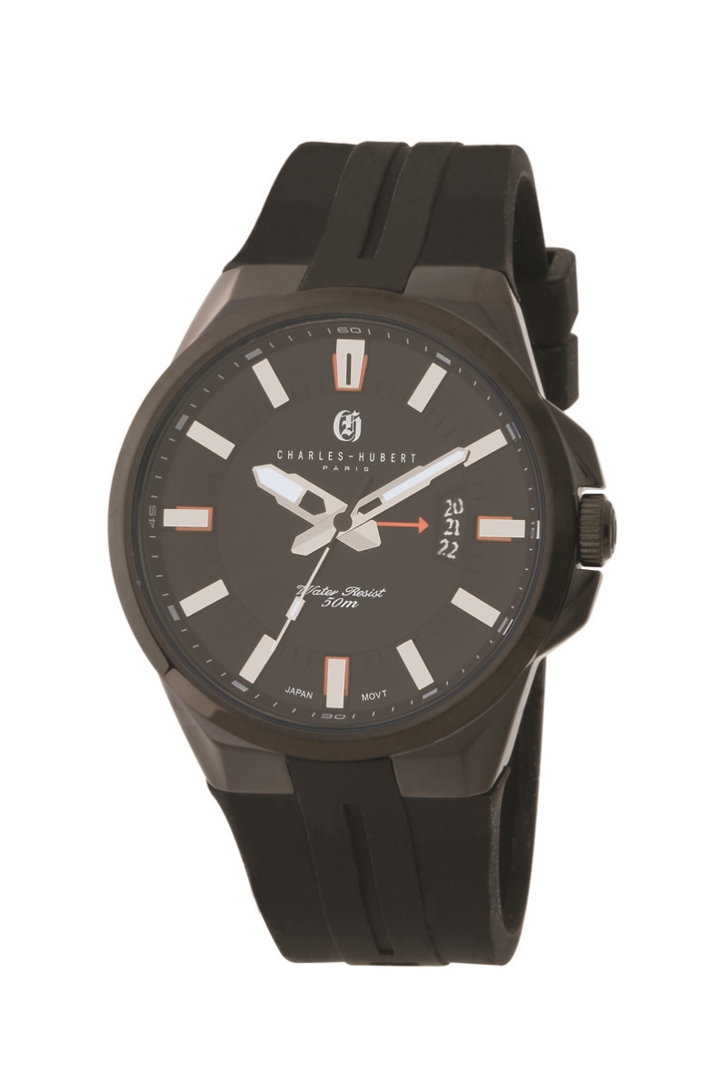 44 mm Stainless Steel Quartz Watch with Silicone Band, Black