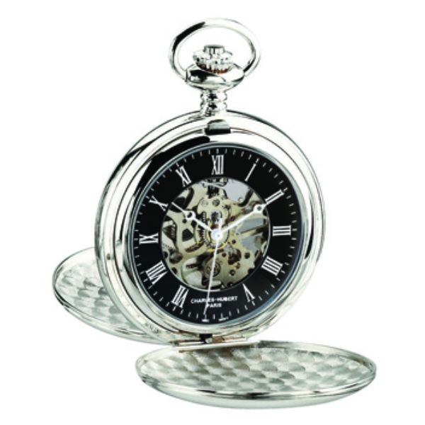 Picture of Charles-Hubert Paris DWA060 47 mm Double Hunter Case Mechanical Pocket Watch with Skeleton Dial, Chrome