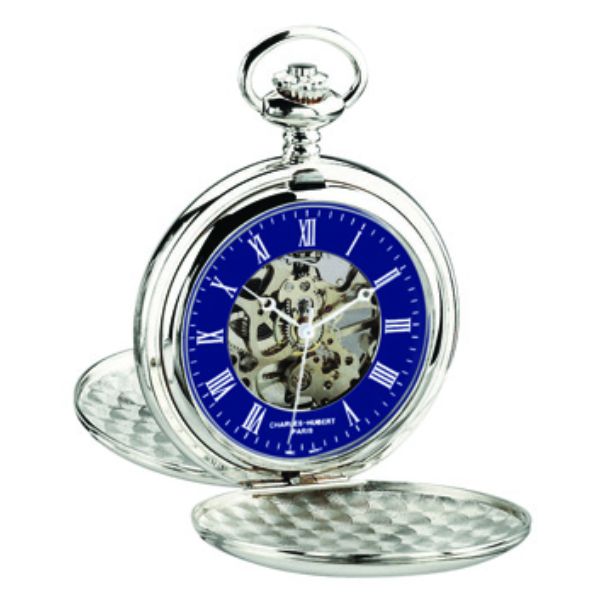 Picture of Charles-Hubert Paris DWA062 47 mm Double Hunter Case Mechanical Pocket Watch with Matching Chain, Chrome