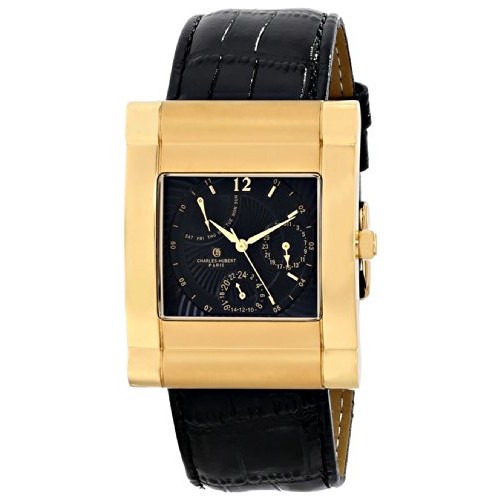 Mens IP-Plated Stainless Leather Band Watch - Black - 35 x 43 mm