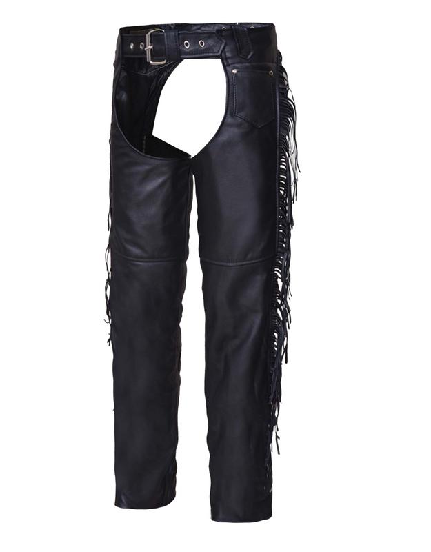 Picture of Unik International 0733-00-BLK-XL Unisex Premium Leather Coin Pocket Motorcycle Chaps with Finges&#44; Black - Extra Large