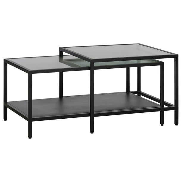 BRCO-4843 17.75 x 35.5 x 23.63 in. Metal & Fluted Glass Nesting Coffee Table, Black