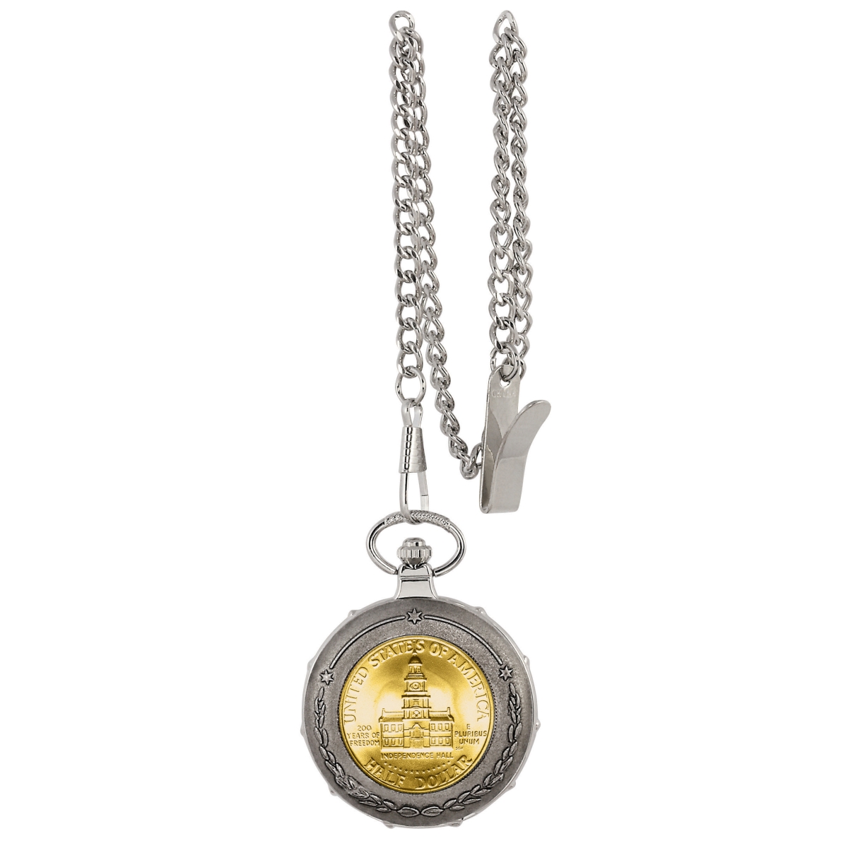 Picture of UPM Global 13213 Gold-Layered JFK Bicentennial Half Dollar Silvertone Train Coin Pocket Watch