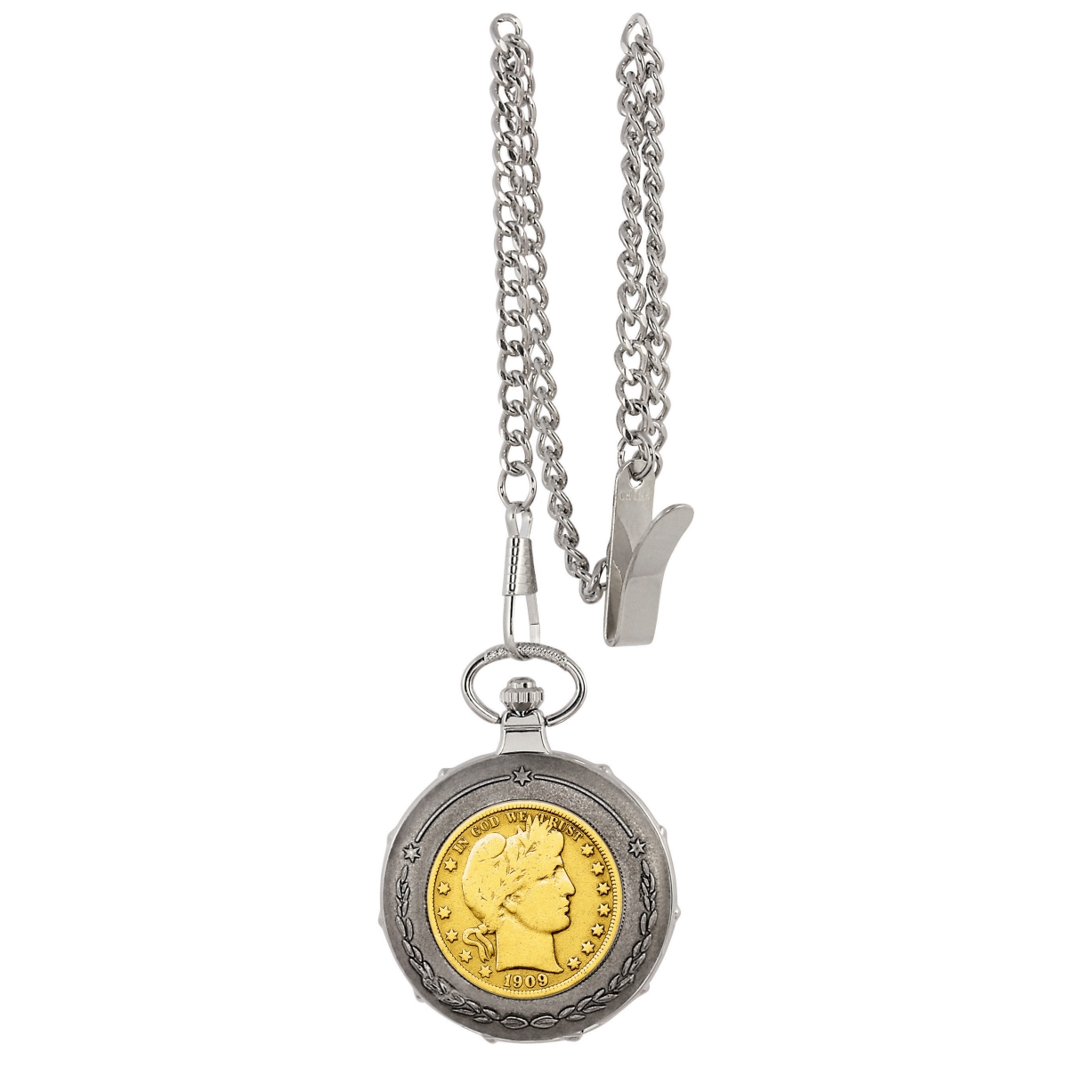 Picture of UPM Global 13217 Gold-Layered Silver Barber Half Dollar Silvertone Train Coin Pocket Watch