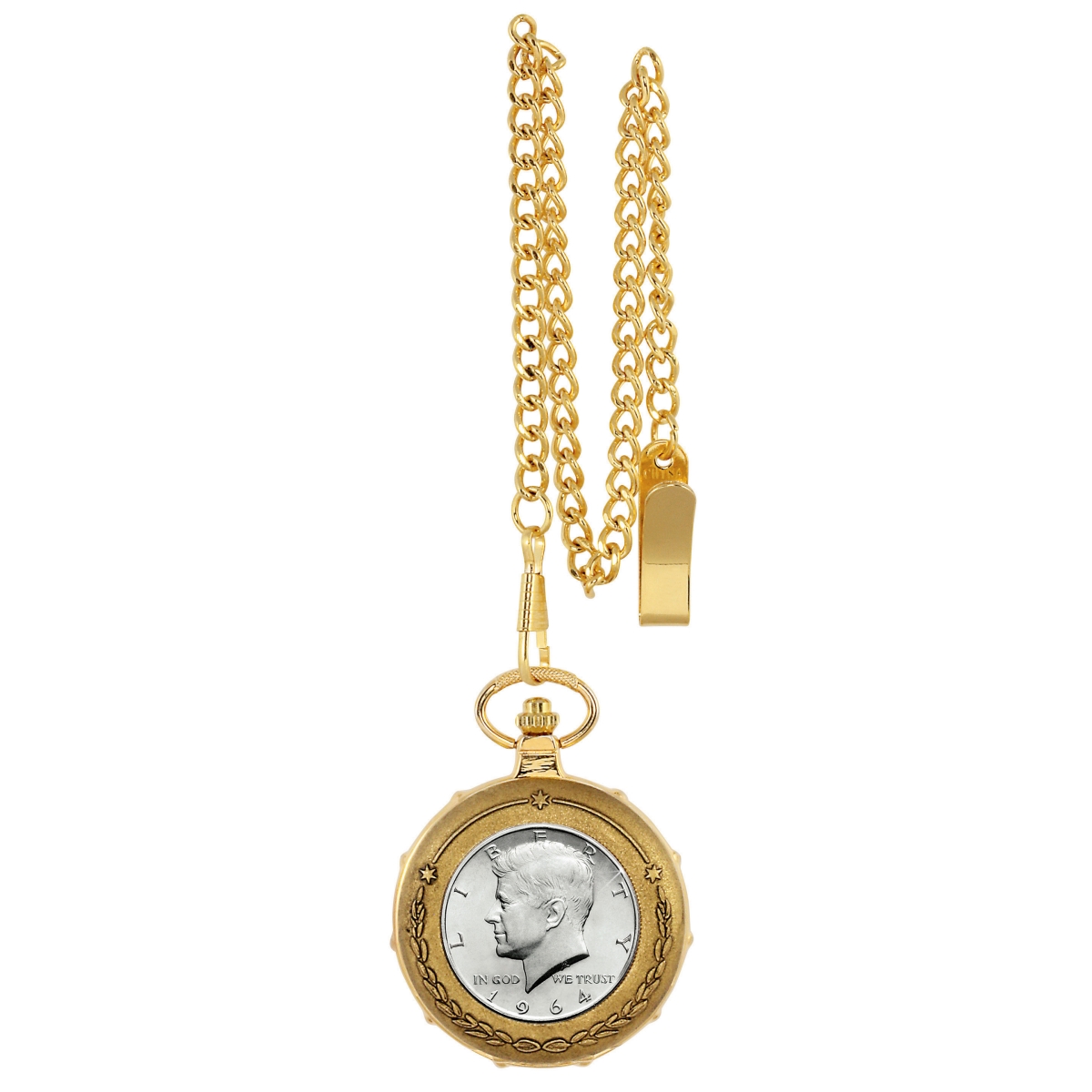 Picture of UPM Global 13220 JFK 1964 First Year of Issue Half Dollar Goldtone Train Coin Pocket Watch with Skeleton Movement