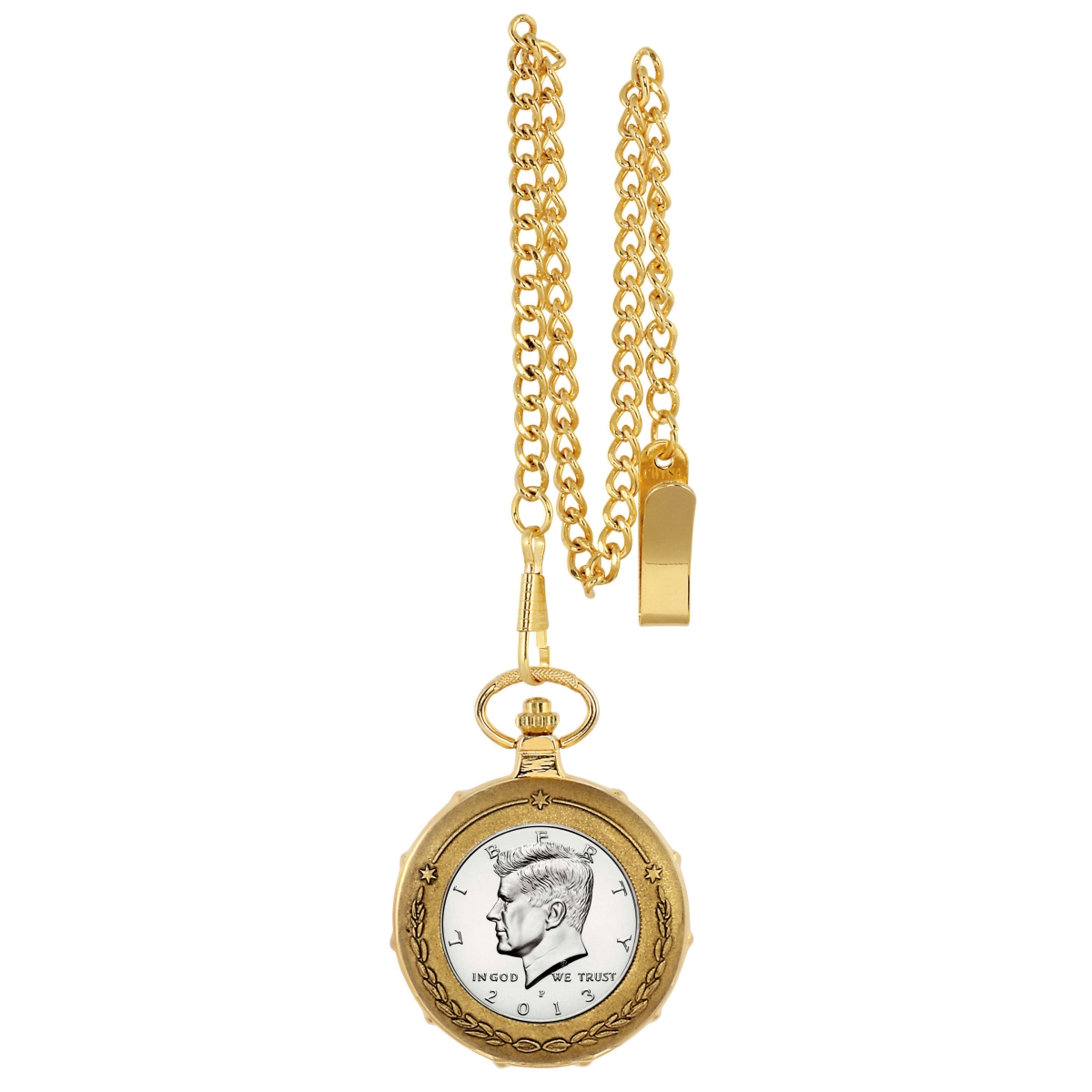 Picture of UPM Global 13221 Proof JFK Half Dollar Goldtone Train Coin Pocket Watch with Skeleton Movement