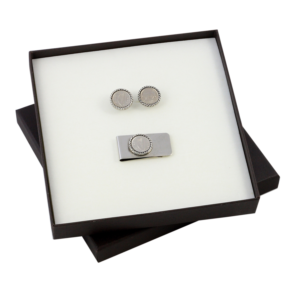 Picture of UPM Global 13071 Irish 5 Pence Silver Tone Rope Coin Cuff Links & Coin Money Clip Boxed Gift Set