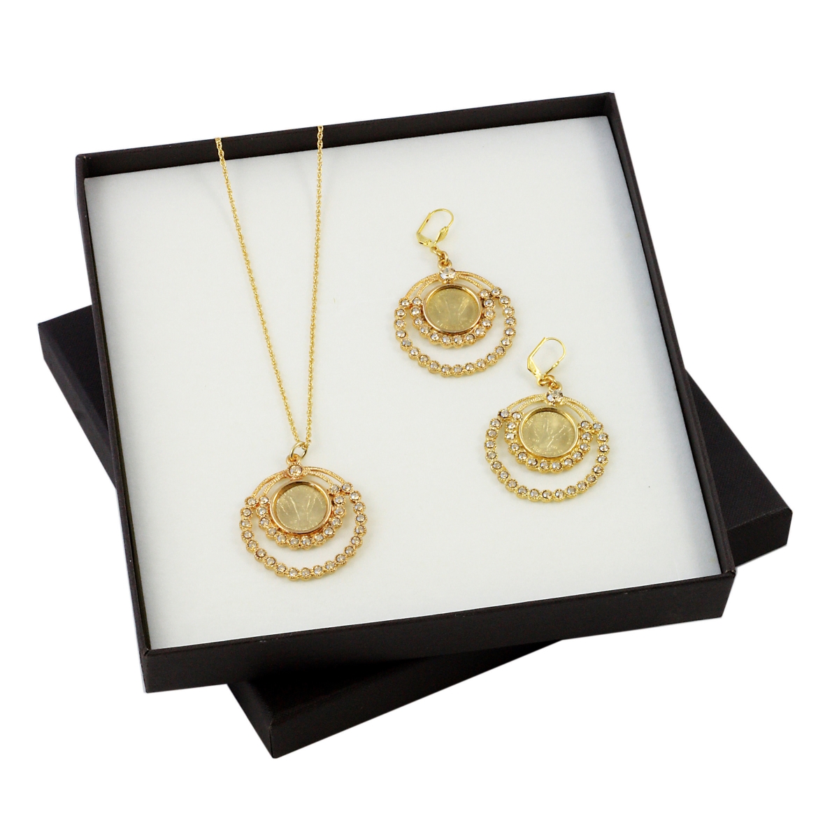 Picture of UPM Global 13072 Angel Coin Crystal Gold Tone Coin Earrings & Coin Pendant Boxed Gift Set