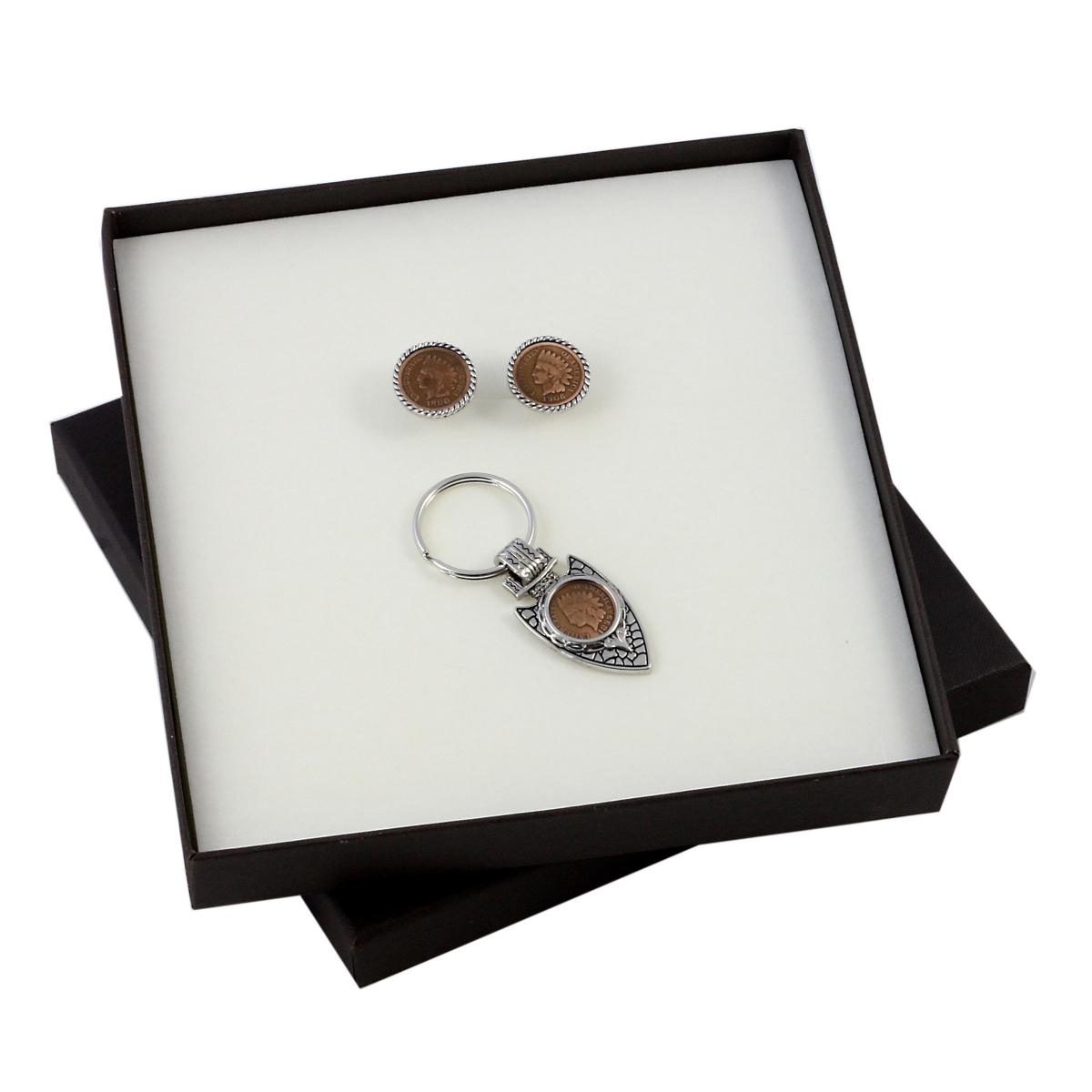 Picture of UPM Global 13074 Indian Head Penny Silver Tone Rope Coin Cuff Links & Arrow Head Keychain Boxed Gift Set