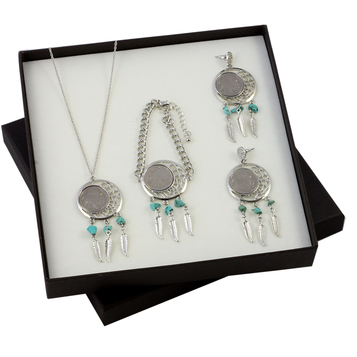 Picture of UPM Global 13075 Buffalo Nickel Dreamcatcher Necklace&#44; Coin Bracelet & Coin Earrings Boxed Gift Set